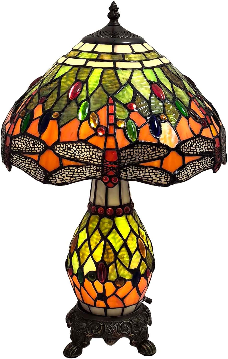 Bieye L10566 Dragonfly Tiffany Style Stained Glass Table Lamp with 12-inch Wide Complicated Design Lampshade Lighted Base for Living Room Bedside Home Decoration, Orange Green, 19-inch Tall
