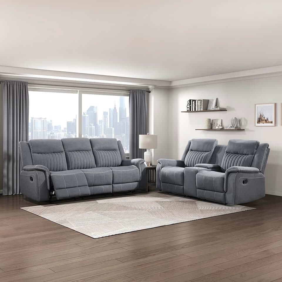Lexicon Living Room Furniture Sets, Manual Wall Hugger Recliner Couch and Loveseat Sets, Home Theater Seating, Double Recliner RV Couch, Grey