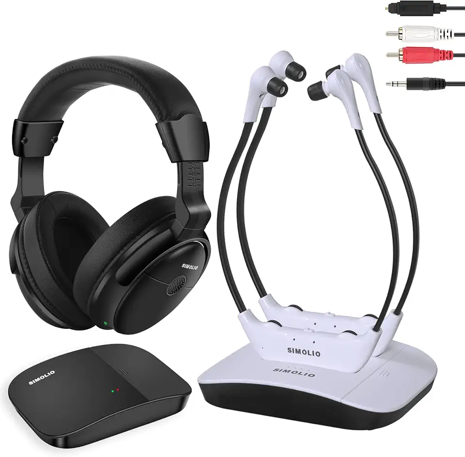 SIMOLIO Digital in Ear Wireless Dual TV Headphones System & Over Ear Wireless TV Headphones, Compatible w/Smart and Older TVs, Ideal for Seniors & Elderly