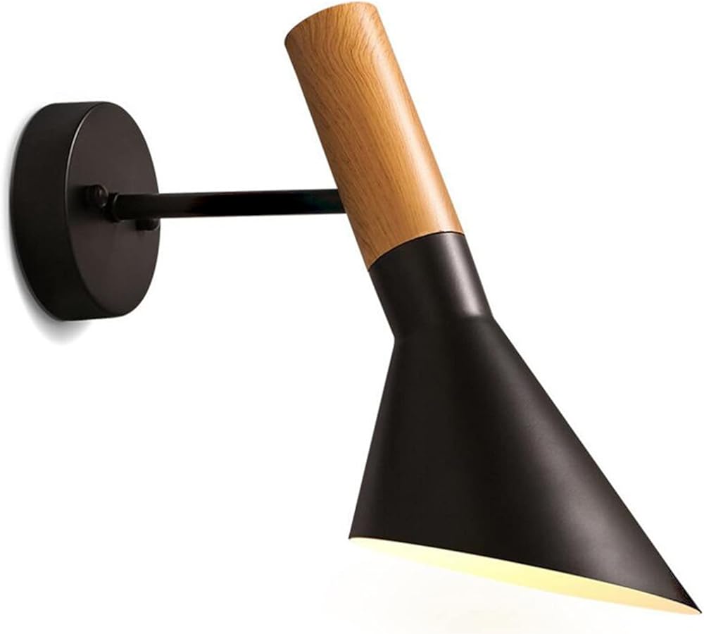 Wooden Black Metal Wall Lamp, Adjustable Wall Sconce, Indoor Metal Wall Mounted Wall Light, Vintage E27 Lamp Holder for Bedside Living Room Reading Hallway