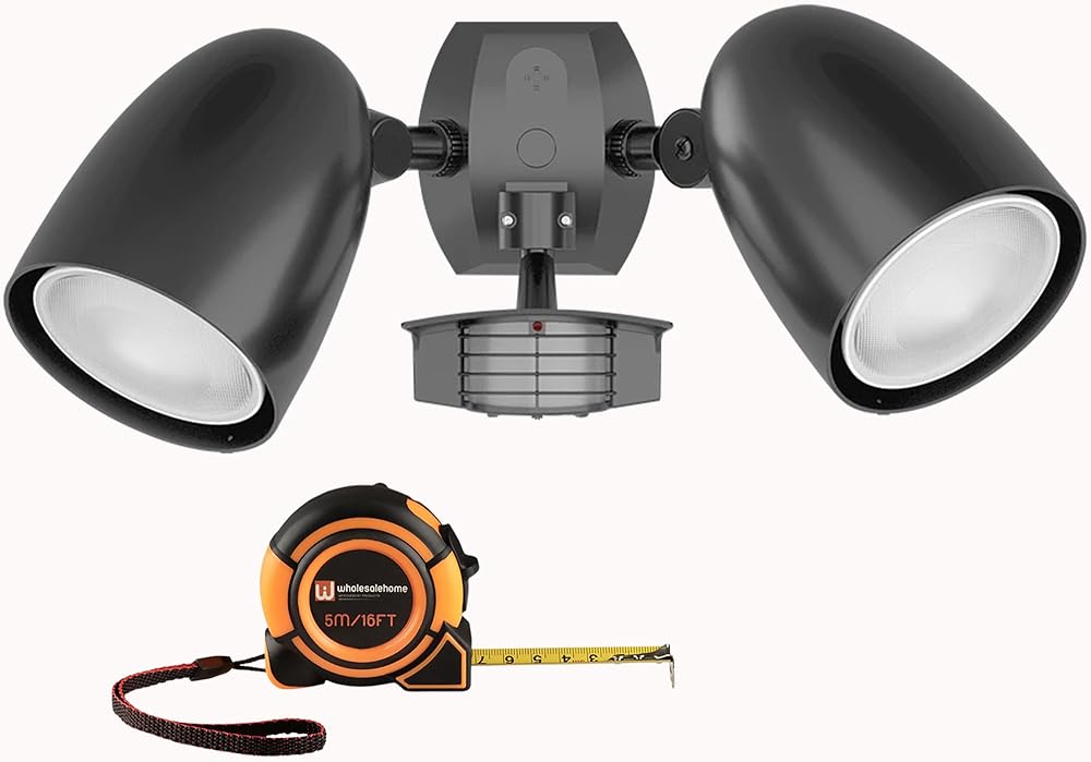 Lighting Motion Sensor Outdoor Lights Wired, STL360HB/L LED Flood Lights Outdoor Security Lights 360 Sensor with PAR38 Bulbs, Black, 3,600 Lumen with Wholesalehome Tape Measure