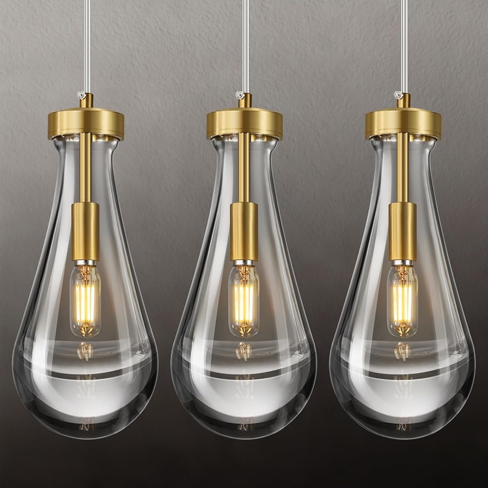 Raindrop Pendant Lights Kitchen Island Set of 3 Teardrop Gold Hanging Light Fixtures Clear Solid Glass Pendant Light Modern Chandeliers for Dining Room Porch Corridor Living Room…