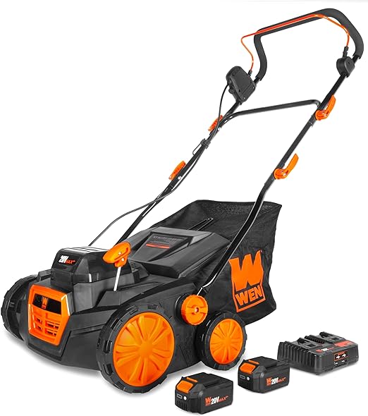 WEN 20V Max Cordless 15-Inch 2-in-1 Brushless Electric Dethatcher and Scarifier with Collection Bag