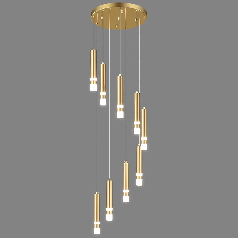 9-Light Modern Pendant Light Fixture Dimmable LED 54W Gold Staircase Large Chandelier Lobby Living Room Bedroom Foyer High Ceiling Chandelier