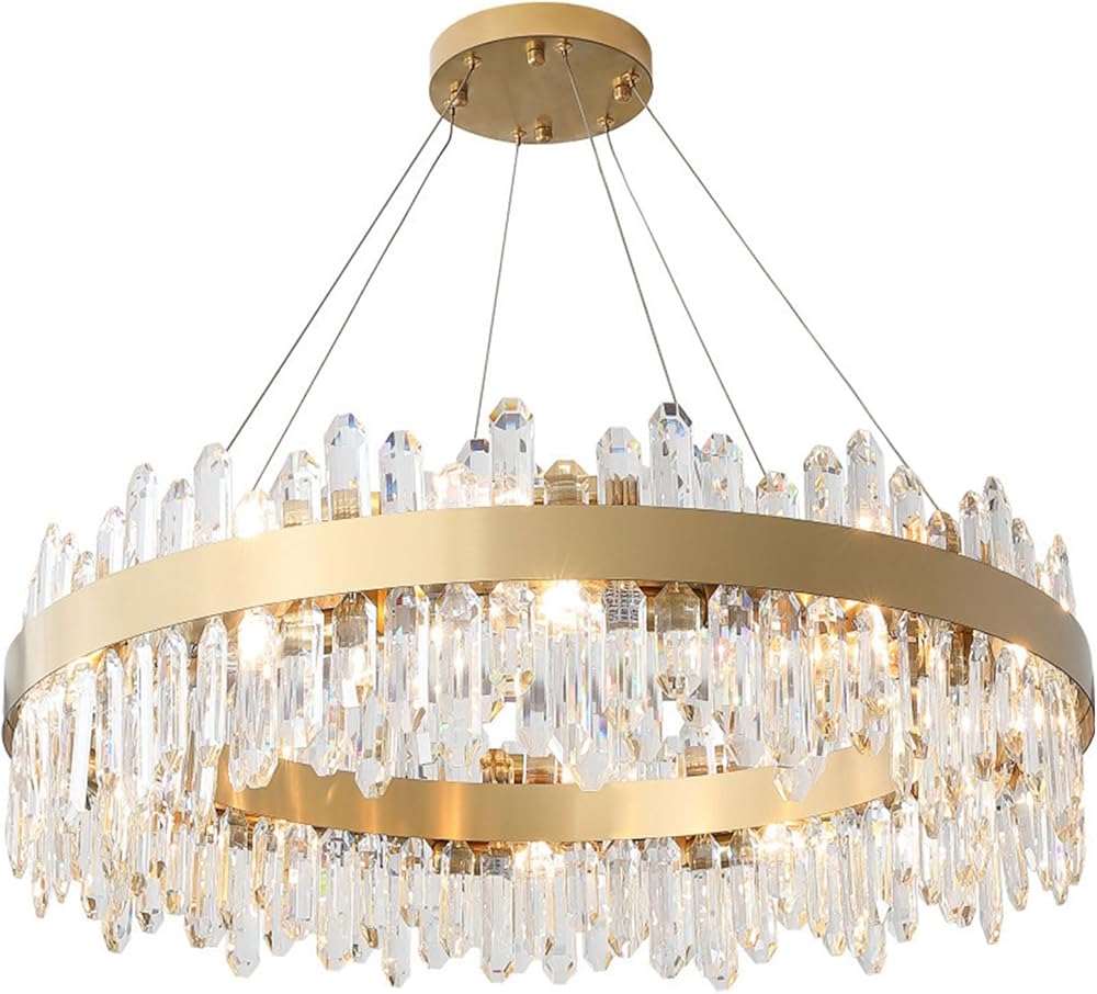 Round Crystal Chandeliers for Dining Room - Entryway/Living Room/Bedrooms/Island/Bathroom/Kitchen,Pendant Lights with LED Strip,Gold Ceiling Light 3 Way Dimmable Pendant Lighting D31.50
