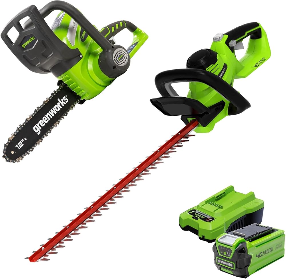 Greenworks 40V 12-Inch Cordless Chainsaw, 2.0Ah Battery and Charger Included 20262 with 40V Hedge Trimmer