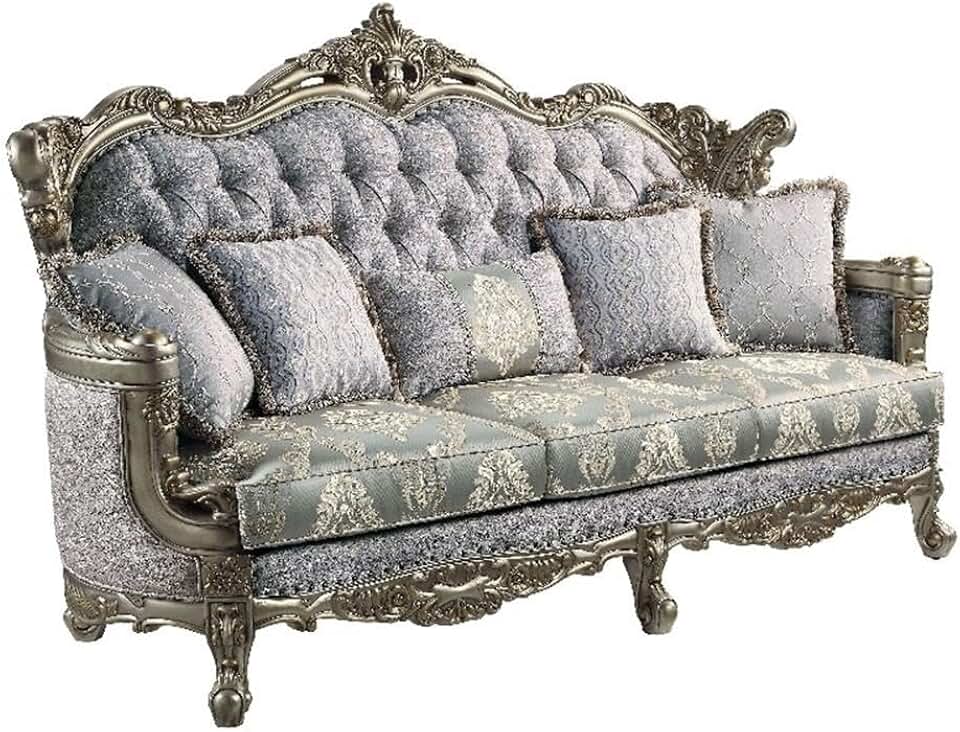 Acme Furniture Miliani Tufted Fabric & Wood Sofa with 5 Pillows in Gray/Bronze