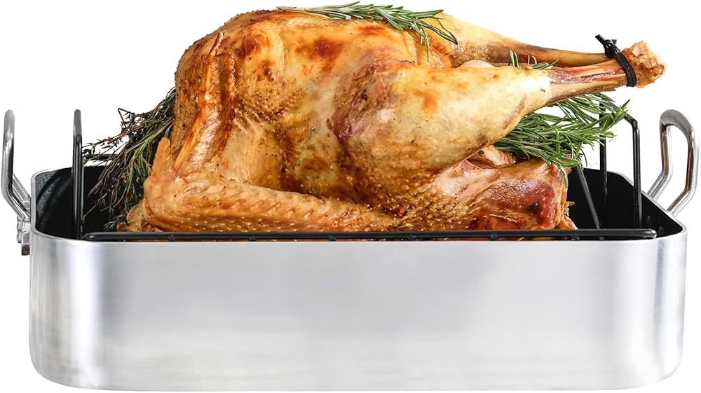 KITESSENSU Hard Anodized Nonstick Roasting Pan with Rack - 16 x 12 inch Aluminum Turkey Roaster Baking Pan for Oven - Oven Safe & Compatible with All Stovetops, Silver