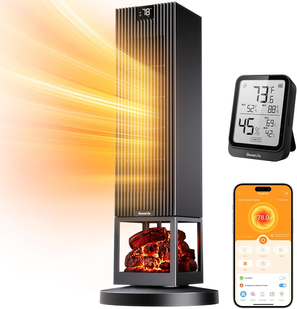 GoveeLife Hygrometer Thermometer H5104 Bundle with GoveeLife Smart Space Heater Max for Indoor Use, 80°Oscillation, 1500W Fast Heating, Electric Heater Safe for Bedroom Home Office H7134