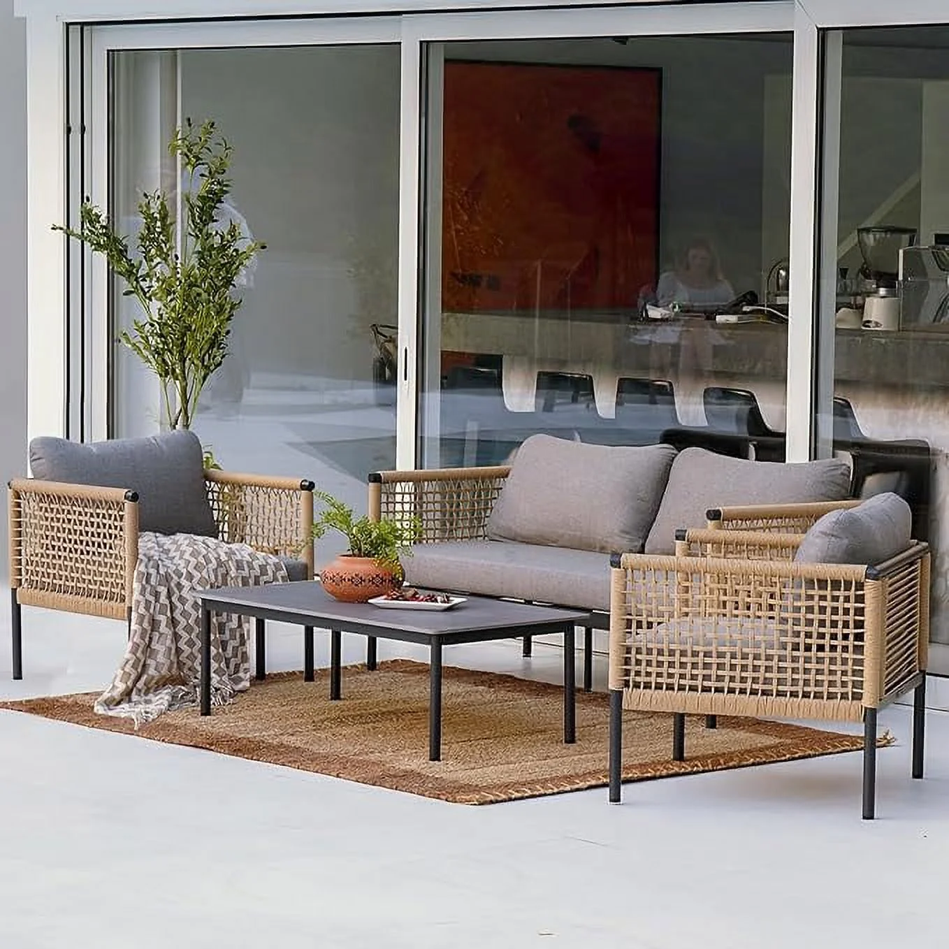 Grand Patio 4-Piece Outdoor Set, All-Weather Aluminum & Resin Wicker Sofa with Coffee Table - Gray