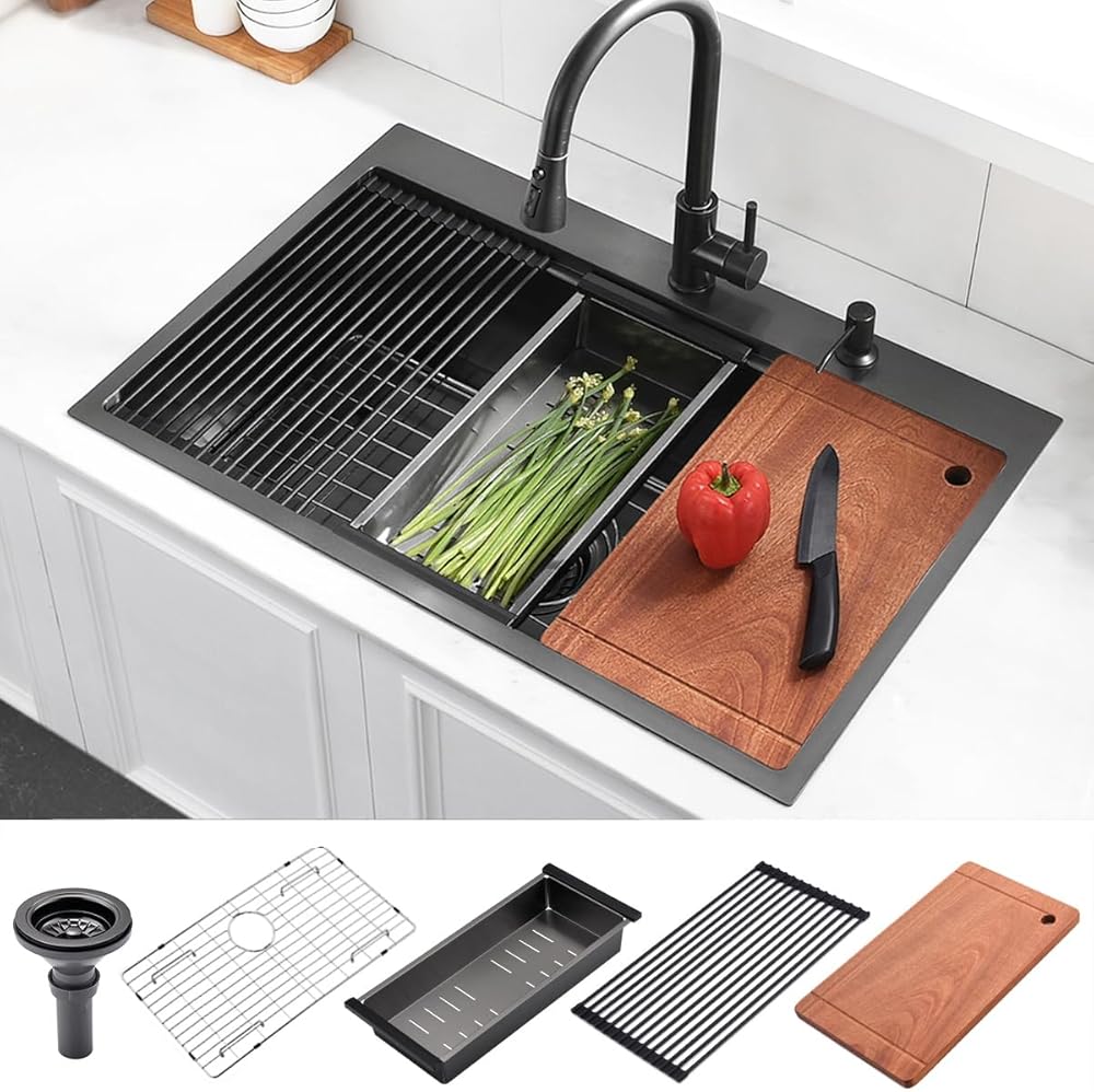 33x22 Drop In Black Workstation Kitchen Sink, Luckyhorse 33x22x10 Inches 16 Gauge Black Stainless Steel Sink Topmount Workstation Single Bowl Kitchen Sink LH007SB