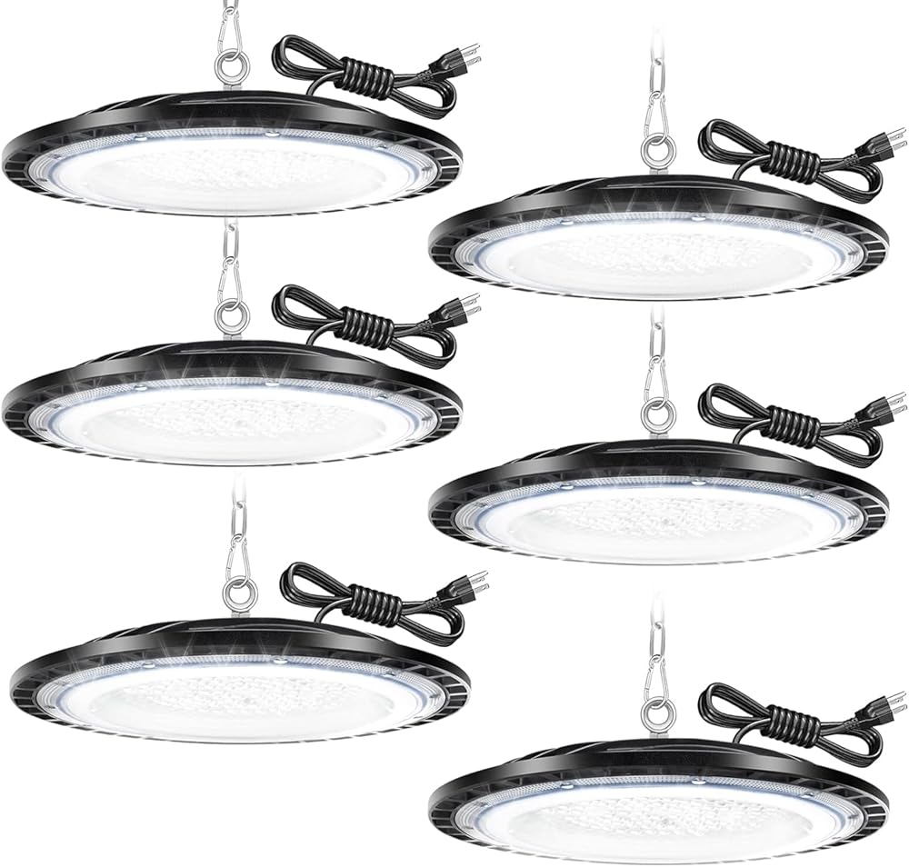 6Pack 200W High Bay Light 30000LM LED UFO Commercial Lights with US Plug 5' Cable, 6500K Super Bright LED Shop Lights IP66 Warehouse Light Area Light Fixture Shop Light for Garage Warehouse Workshop