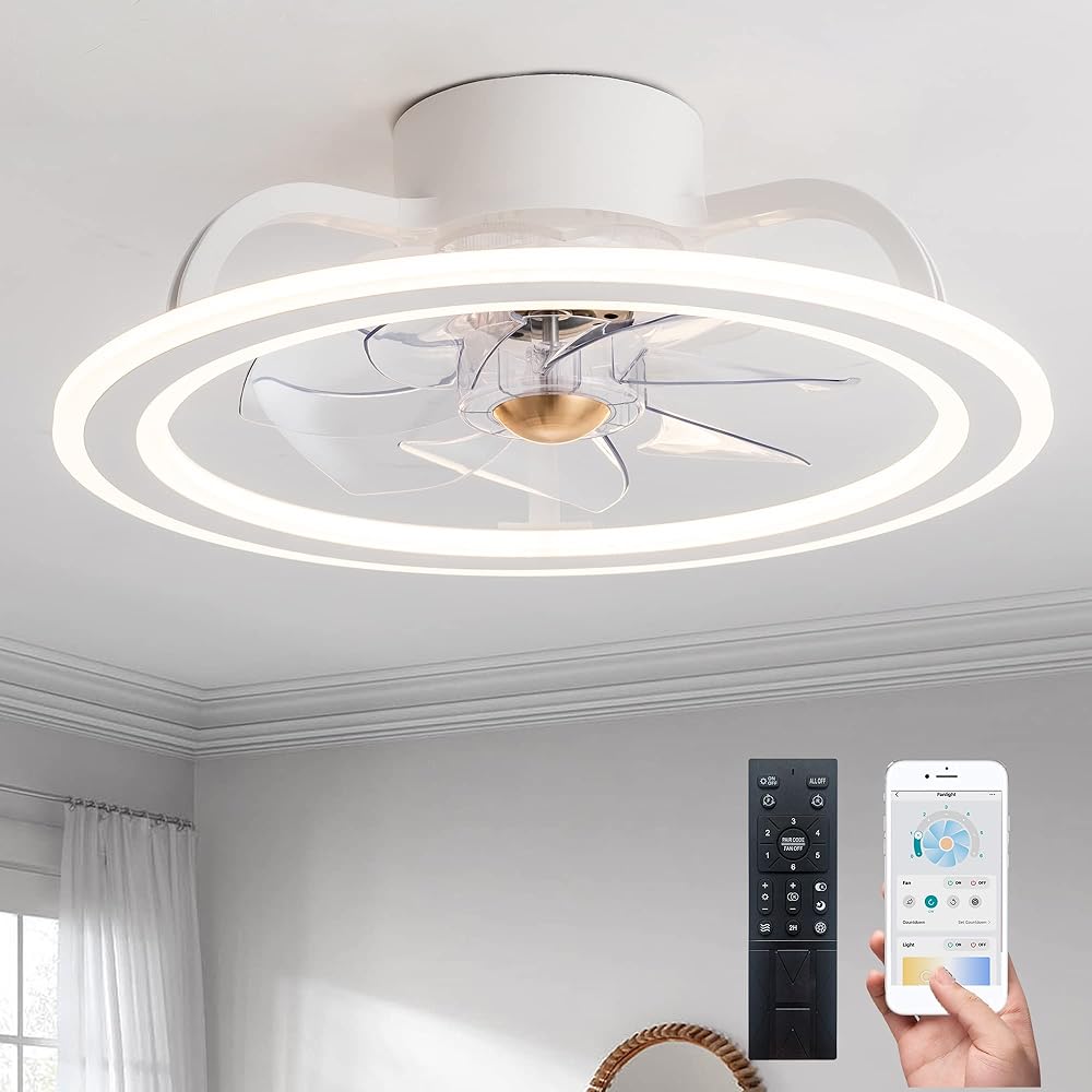 20'' Bladeless Modern Indoor Flush Mount Ceiling Fan with Lights and Remote, APP Control White Low Profile Ceiling Fans for Bedroom/Small Room