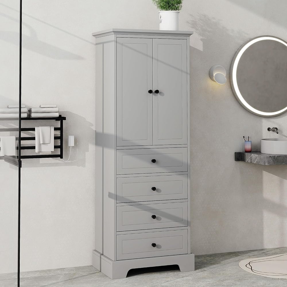 Merax Bathroom Cabinet with Doors and Drawers, Tall Storage Pantry for Home Kitchen, Adjustable Shelf, Grey