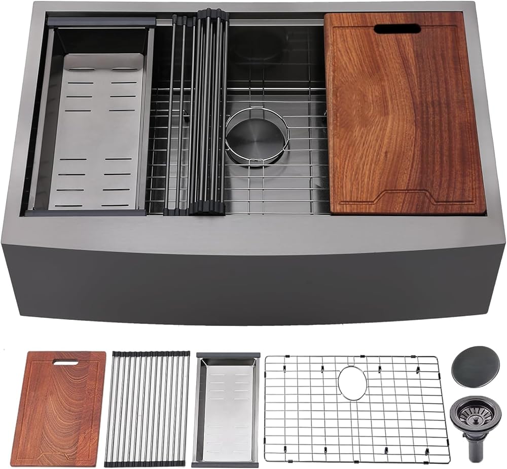 Black Farmhouse Sink 33 Inch - VALISY 33x22 Apron Front Farmhouse Kitchen Sink 16 Gauge Stainless Steel Undermount Ledge Workstation Deep Single Bowl Luxury Rustic Farm Sink with All Accessories