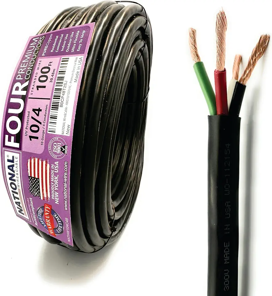 10 Gauge 4 Conductors Premium Electrical Wire - Made in USA - 10 AWG Wire Stranded PVC Power Cord Copper Cable 100 Ft. Indoor and Outdoor Lighting Automotive Battery