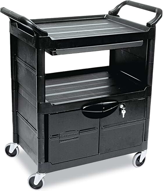 Rubbermaid Commercial Products Utility Service Rolling Cart with Wheels, Black, for Restaurant Office School Use, With Drawers 300 lbs