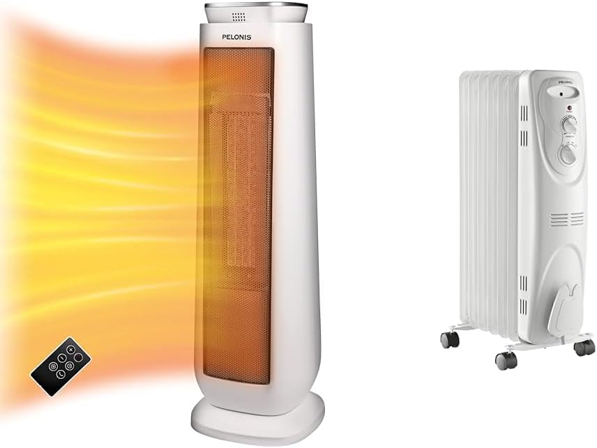 PELONIS PHTPU1501 Ceramic Tower 1500W Indoor Space Heater with Oscillation & PHO15A2AGW, Basic Electric Oil Filled Radiator