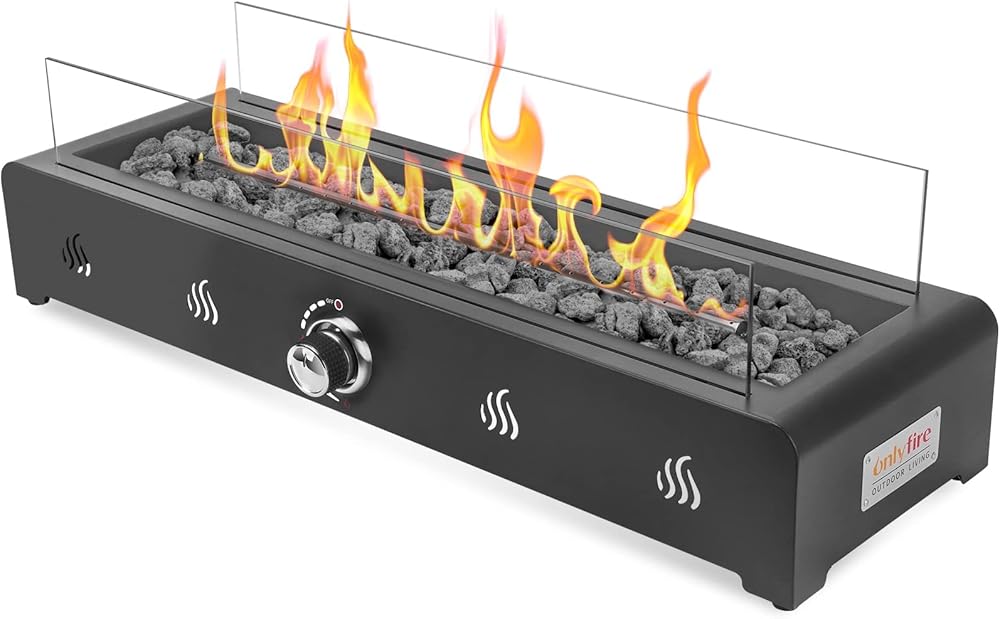 Onlyfire 28'' Tabletop Fire Pit, Propane Gas Fireplace with Rear Air Inlet, Glass Wind Guard and Lava Rock, Outdoor Patio Rectangular Smokeless Fire Table