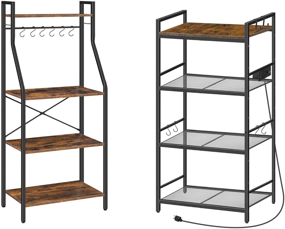Bakers Rack, 4 Tier Microwave Stand Bakers Rack with Power Outlet, Microwave Stand with Hooks BRHR6001Z-BRHR40E01