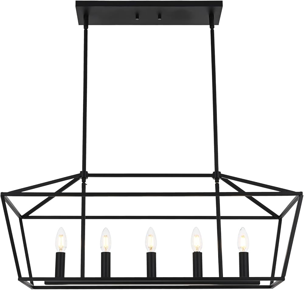 MELUCEE Farmhouse Chandeliers for Dining Rooms Black, 5-Light Industrial Pendant Lighting for Kitchen Island Candle Rectangle Chandelier Light Fixture Linear Lights, E12 Base