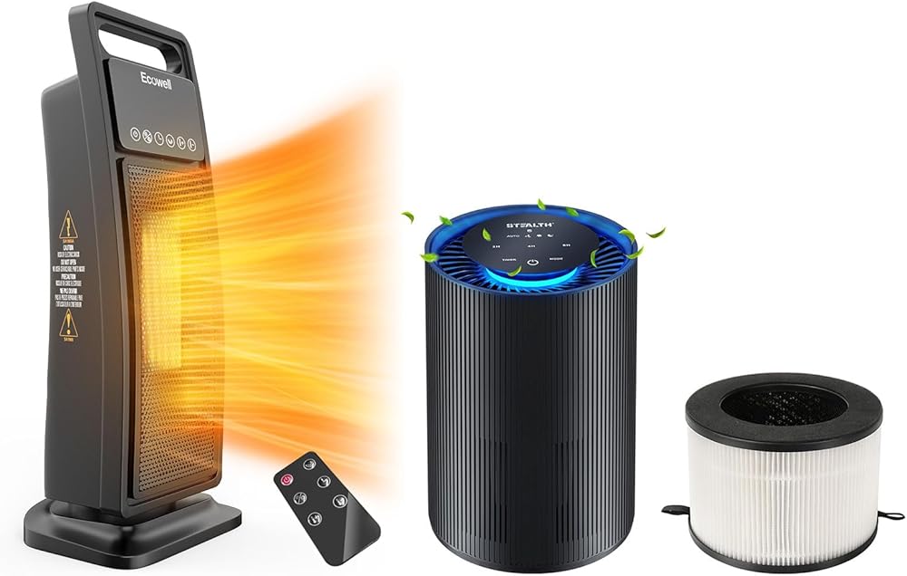 Electric Heater with Remote, Tower Heater, 1500W Fast Heating Ceramic & JAP200 Air Filter & H13 HEPA Air Purifiers for Large Room, Ultra-Quiet Sleep Mode, Remove 99.97% of Pet Dander Dust Smoke Pollen