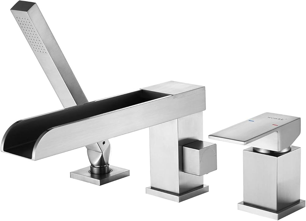 Waterfall Roman Tub Faucets Deck Mount Brushed Nickel Bathtub Faucets Brass Tub Filler Bathroom Faucets with Hand Shower