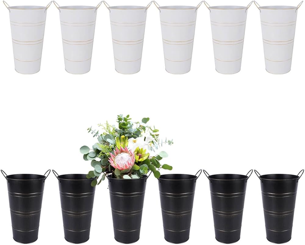 12 Inch Galvanized Metal Vases with Handles - 6 Pcs White and 6 Pcs Black Farmhouse Decorative Metal Container for Flowers, Rustic Metal Bucket Planters for Wedding Decor