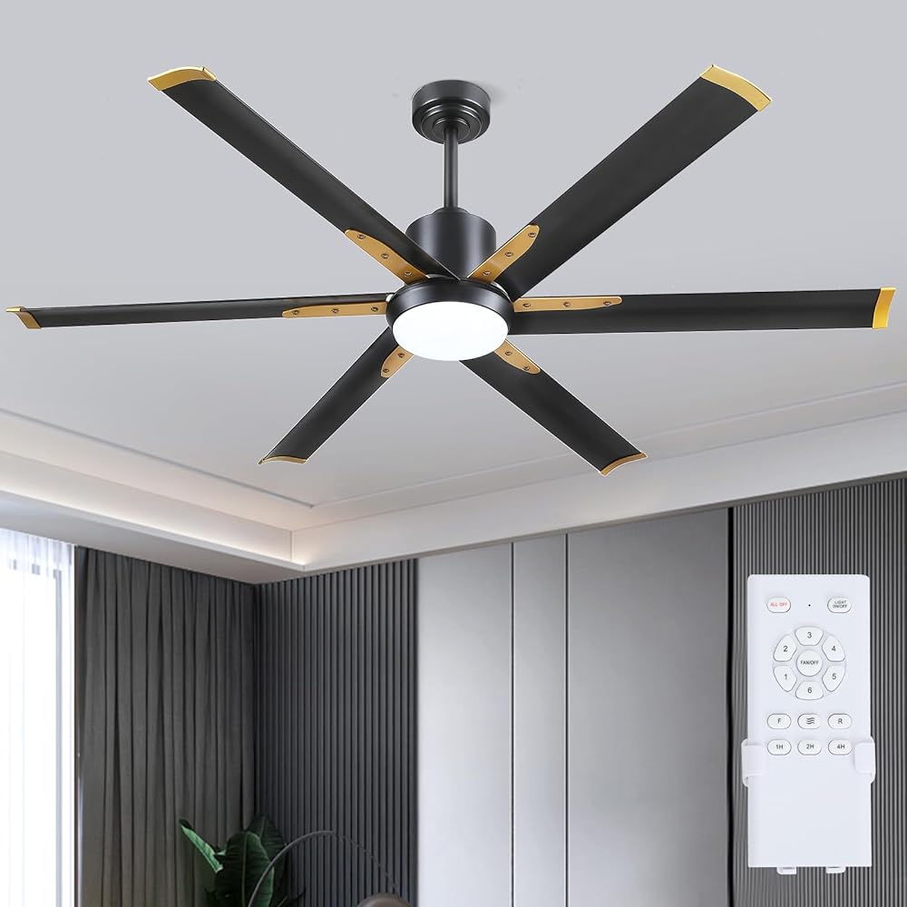 60 Inch Ceiling Fans with Lights and Remote, Indoor Outdoor Large Industrial Ceiling Fan for Bedroom Living Room Patios Porch, 6 Speeds, Noiseless Motor, 6 Aluminum Blades, Reversible, Black