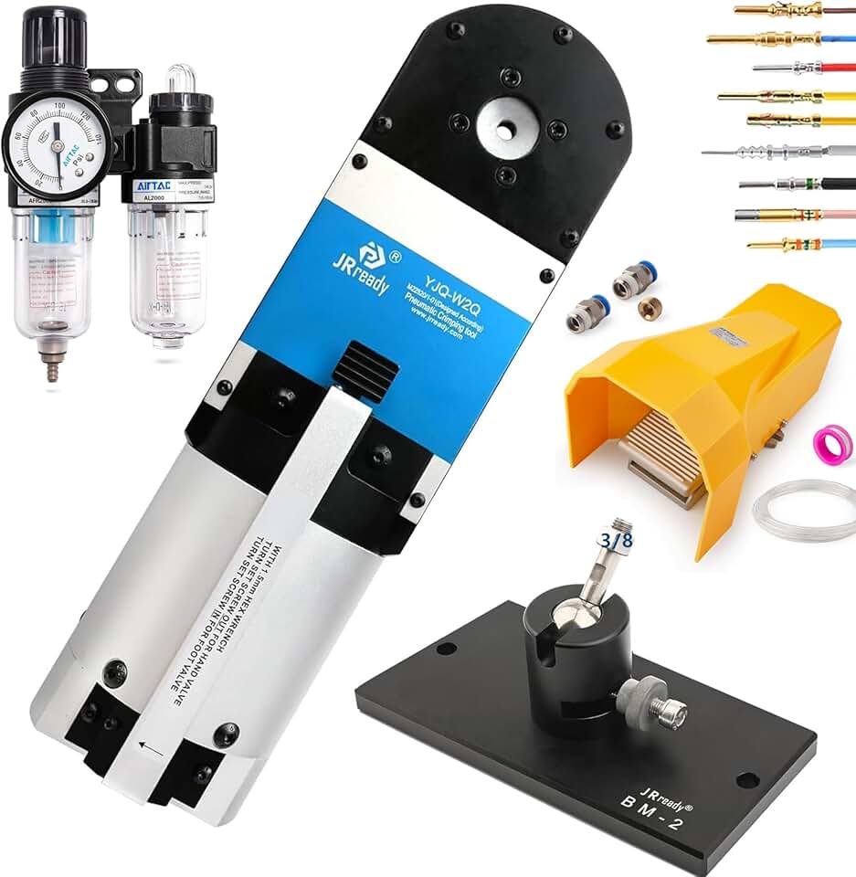 JRready YJQ-W2Q Pneumatic Crimp Tool-Equivalent to Hand Tool NEW-ASF1 & NEW-AS1 (M22520/1-01),Wire Range 12-26AWG+Pneumatic Foot Valve+Air Filter Regulator +Adjustable Bench Mount
