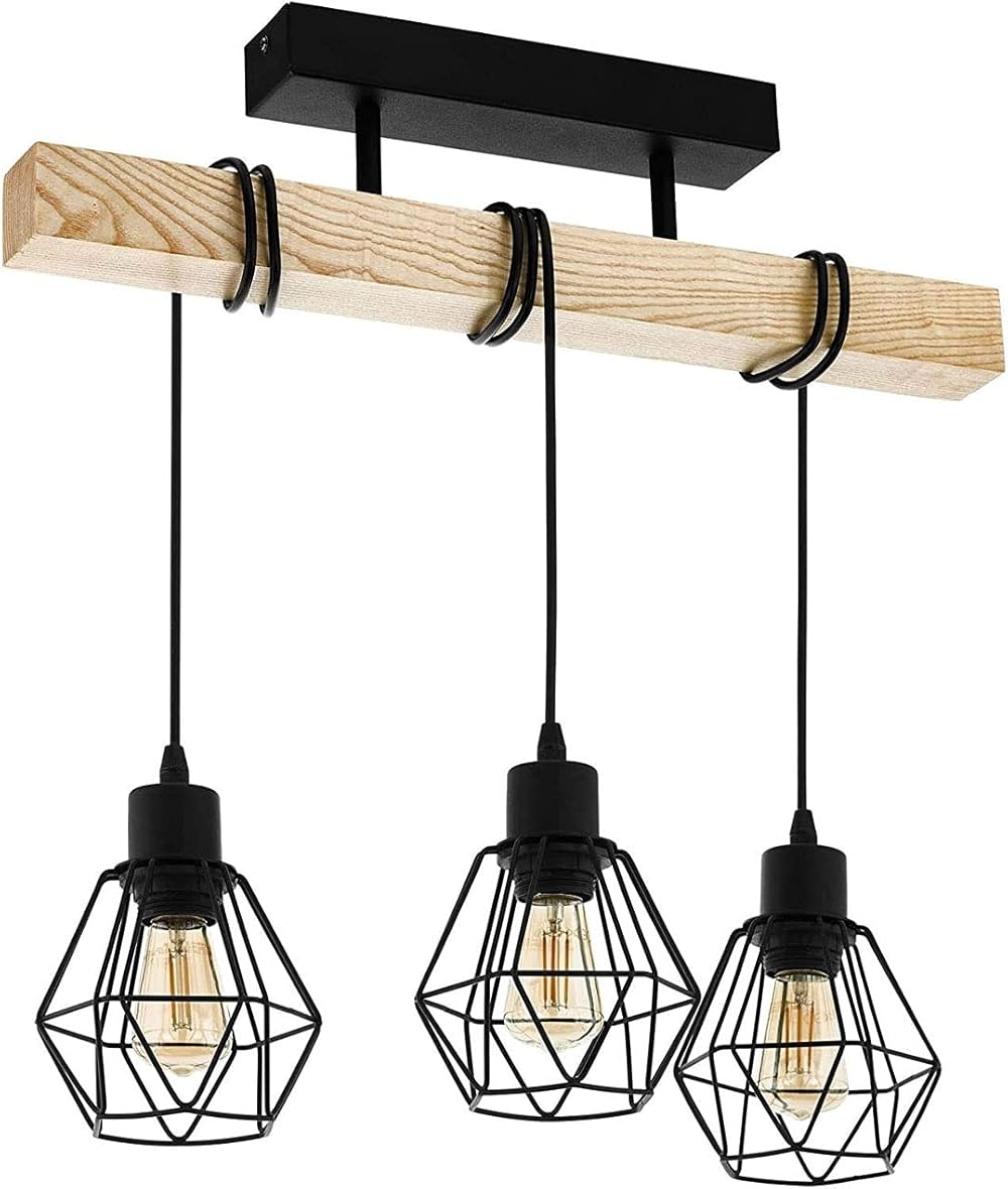 Baska Industrial Cluster Pendant Light, 3-Light Black Metal Farmhouse Wood Hanging Chandelier Light, E27 Caged Drop Ceiling Lamps for Kitchen Island Dining Room Vintage Lantern