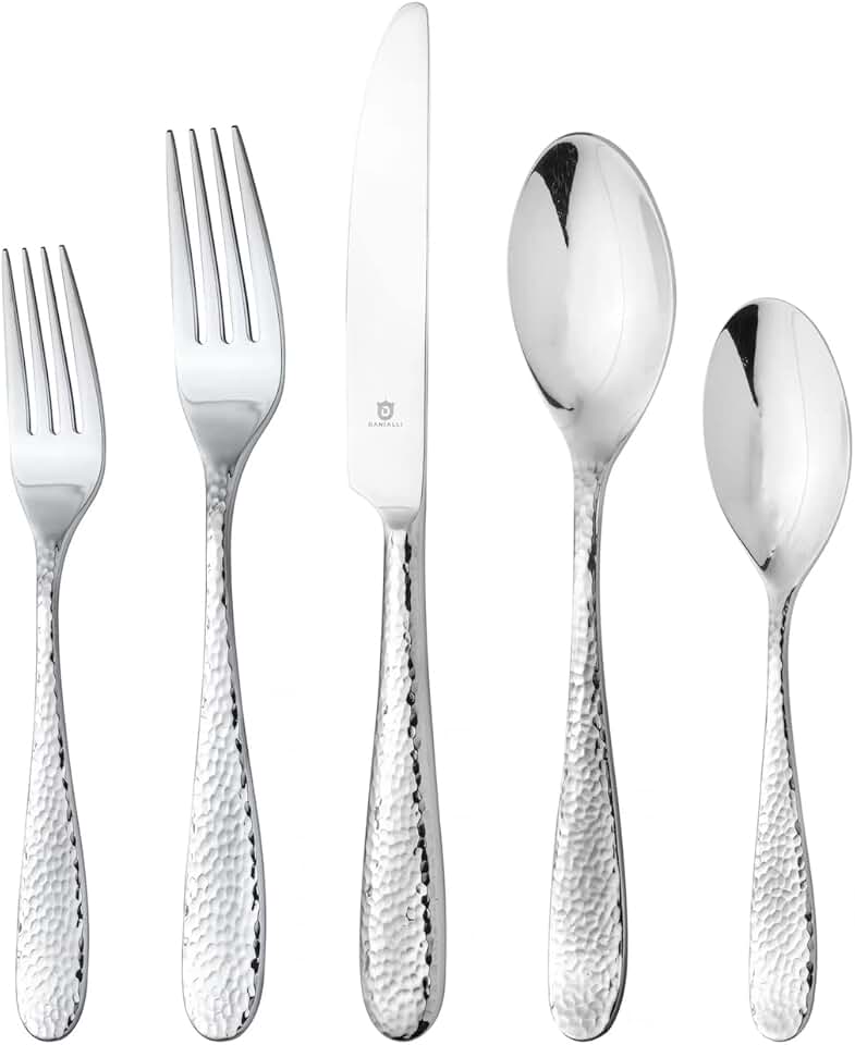 DANIALLI Modern Fidenza Hammered Silverware Set - 18/10 Stainless Steel Flatware Set for Elegant Dining - Dishwasher Safe Cutlery Set (80-Piece)