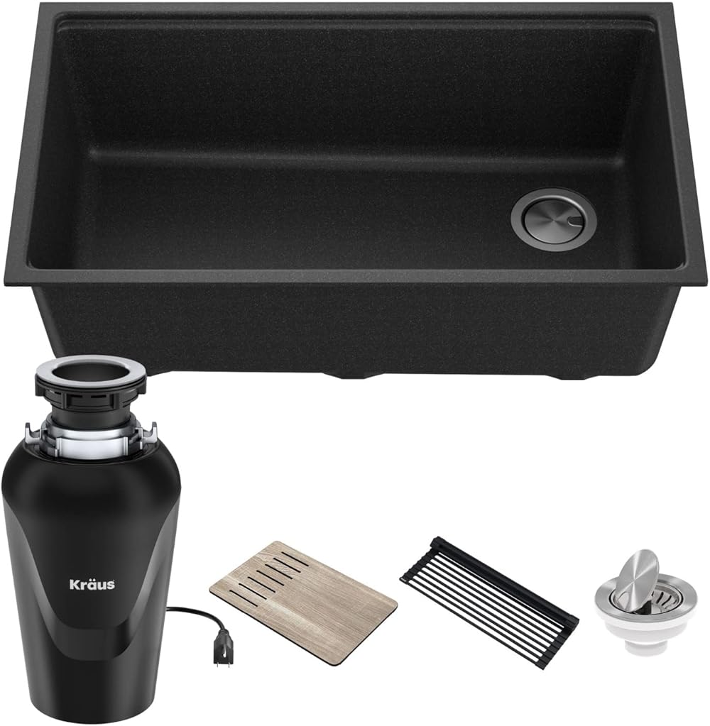 KRAUS Bellucci Workstation 32 in. Undermount Granite Composite Single Bowl Kitchen Sink in Metallic Black with Accessories with WasteGuard™ Continuous Feed Garbage Disposal, KGUW2-33MB-100-75MB