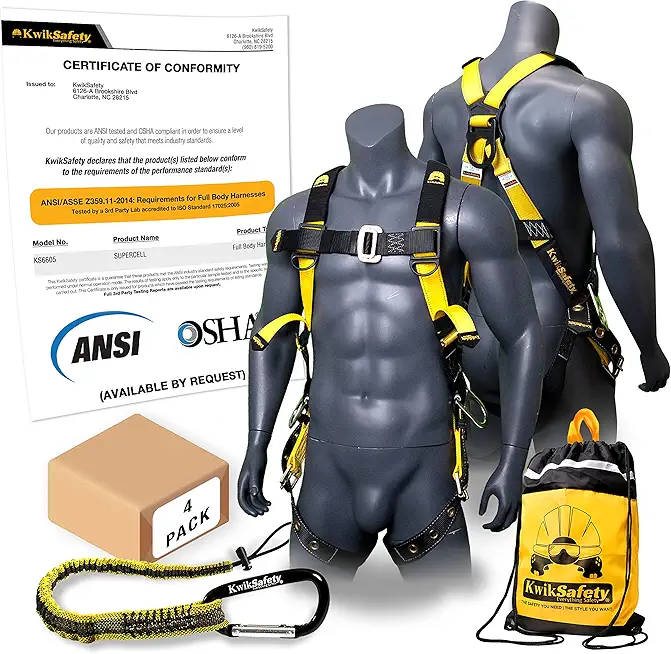 KwikSafety - Charlotte, NC - SUPERCELL Safety Harness [4 PACK] Premium Shoulder Padding ANSI OSHA Full Body Fall Protection Work Equipment Construction Tower Climbing Roofing Forklift Aerial Boom Lift