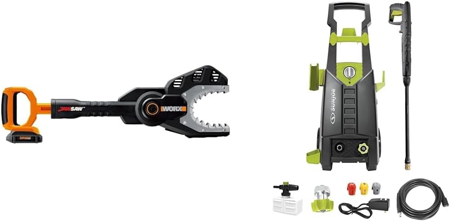 Worx 20V JawSaw Cordless Chainsaw Power Share - WG320 (Battery & Charger Included) & Sun Joe SPX2688-MAX Electric High Pressure Washer for Cleaning Your RV, Car, Patio, Fencing, Decking and More