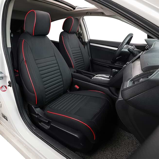 EKR Custom Fit Civic Car Seat Covers for Select 4 Door Honda Civic Sedan,Sport,LX 2022 2023 2024 - Leatherette (Black with Red Trim)
