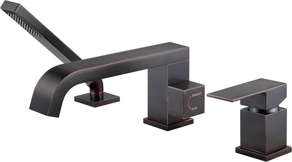 Deck Mount Bathtub Faucet with Sprayer Oil Rubbed Bronze Tub Filler with Diverter Handheld Shower High Flow Rate 11.9GAL Waterfall Faucets 3 holes
