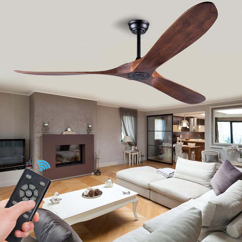 Solid Wood Ceiling Fans without Light, 60 Inch Real Wood Ceiling Fan with Remote Control and 3 blade, Natural Wood Ceiling Fan Waterproof, Indoor Outdoor Ceiling Fans for Patio, Bedroom, Living room