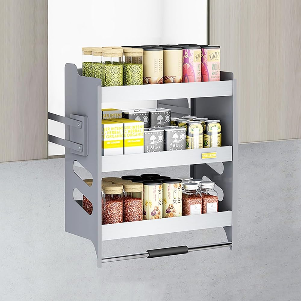3-Tier Kitchen Cabinet Pull Down Shelf, Heavy-Duty Shelf Lifting Basket for Upper Kitchen Wall Cabinet, Metal Dish and Spice Rack System Lift Upper Cabinet (Size : 18.1