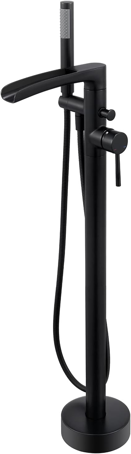 Waterfall Freestanding Bathtub Faucet Black Floor Mount Tub Filler Brass Single Handle Bathroom Faucets with Hand Shower