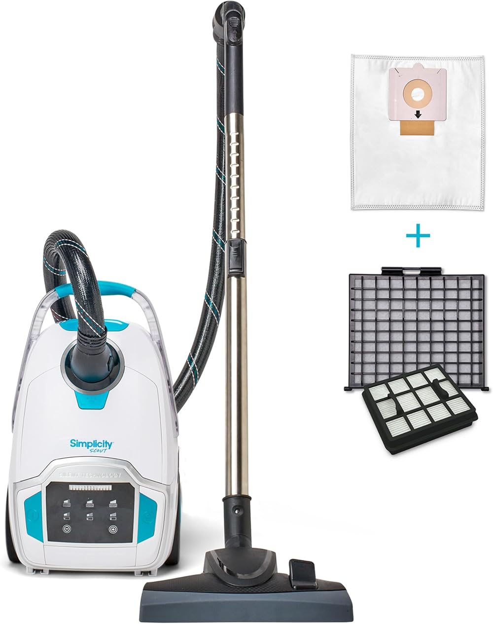 Simplicity Vacuums Scout Canister Vacuum with Bags and Filter Set Bundle, Home Rug and Hardwood Vacuum Cleaner to Vacuum Dust and Pet Hair on Floors and Above Floor Areas