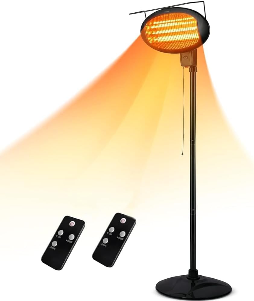 Patio Heater, Outdoor Heater with 3 Ajustable Heating Modes of 500/1000/1500W, 2s Rapid Heating, Waterproof IP34 Outdoor Patio Heater with Tip-Over Protection, Balcony, Backyard, Garage use