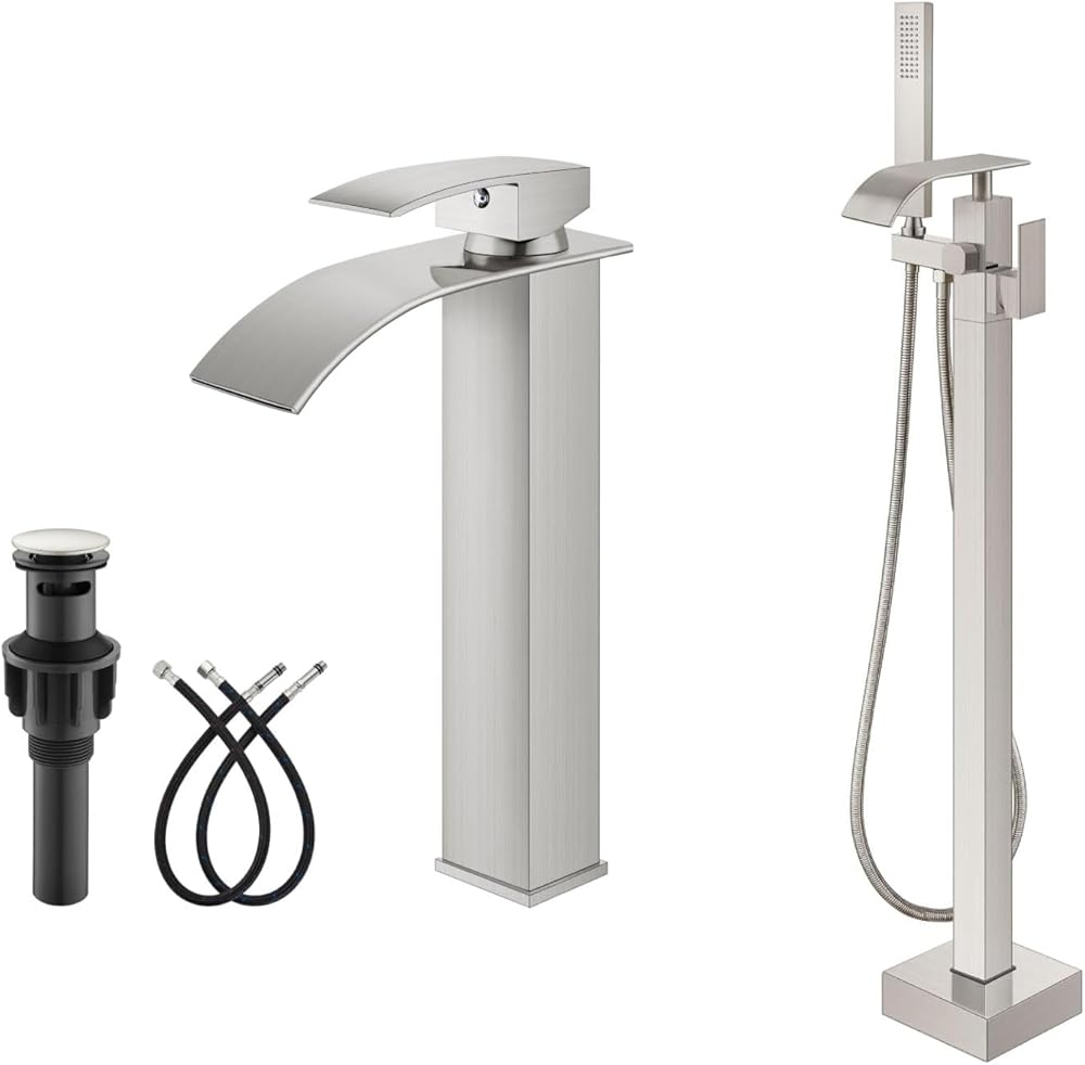 gotonovo Brushed Nickel Waterfall Single Handle Bathroom Vessel Sink Faucet with Drain and Floor Mount Bathtub Faucet with Handheld Shower, Waterfall Spout