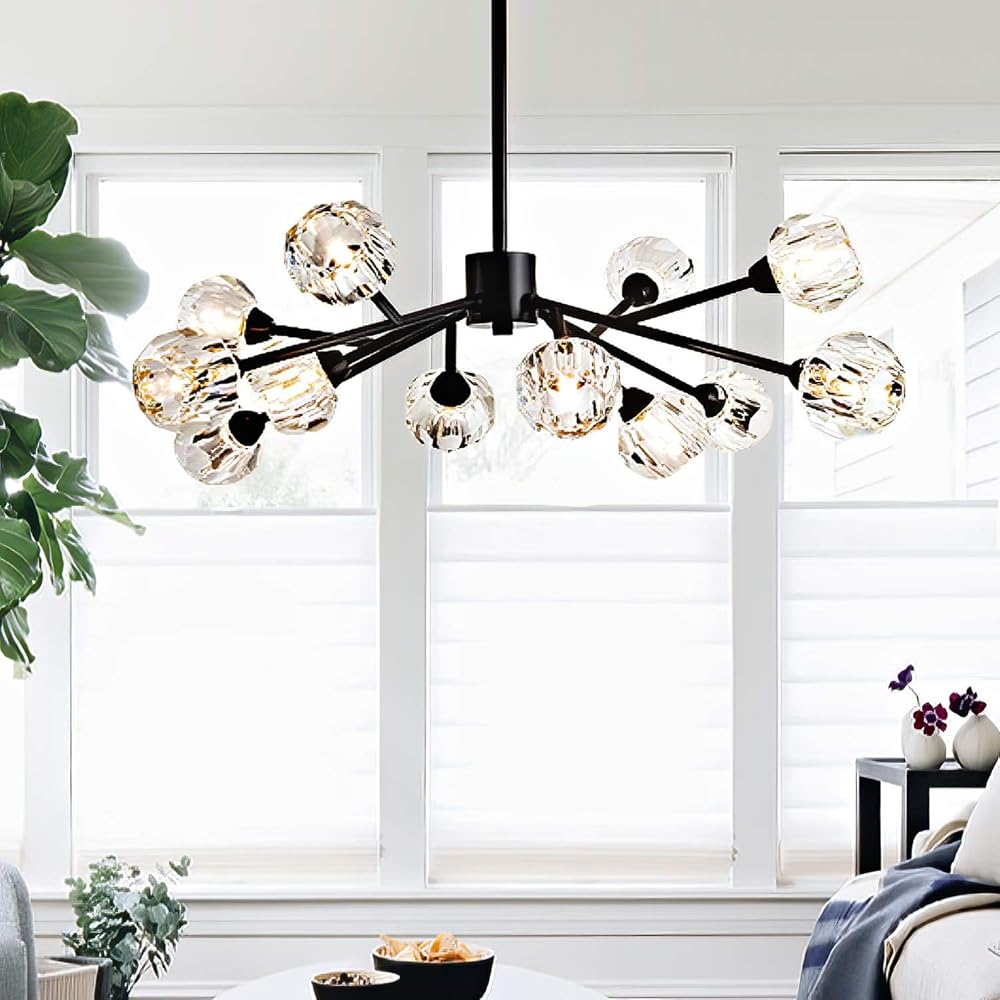 Sputnik Chandeliers for Dining Room Light Fixture, Modern Crystal Chandeliers, 12 Lights Black Chandelier for Living Room Bedroom, Dining Room Chandelier Over Table, Kitchen Light Fixtures
