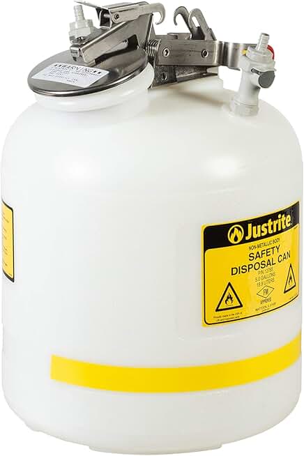 Justrite TF12755 Centura Disposal Polyethylene Prefabricated Quick-Disconnect Safety Can with Stainless Steel Fitting, 5 Gallon Capacity
