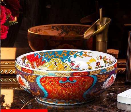Porcelain American Style Above Counter Round Bowl Countertop Sink Art Basin Colorful American Ceramic Vessel Sink Top Mount Bathroom vanity with sink bowls For Bathroom Without Faucet