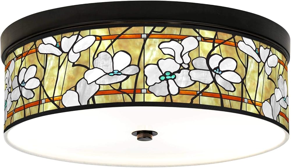 Magnolia Mosaic Giclee Energy Efficient Bronze Ceiling Light with Print Shade