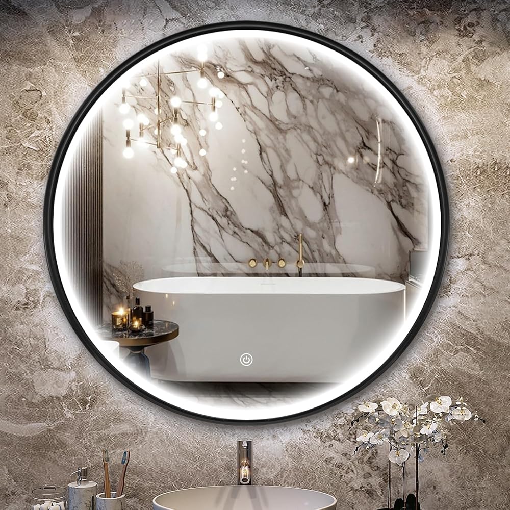 36 Inch Round LED Bathroom Mirror, Circle Frame Recessed Light Strip Design Modern Vanity Mirror, Anti-Fog Smart Mirror with Stepless Color Temperature Adjustable 3000-6000K, Black