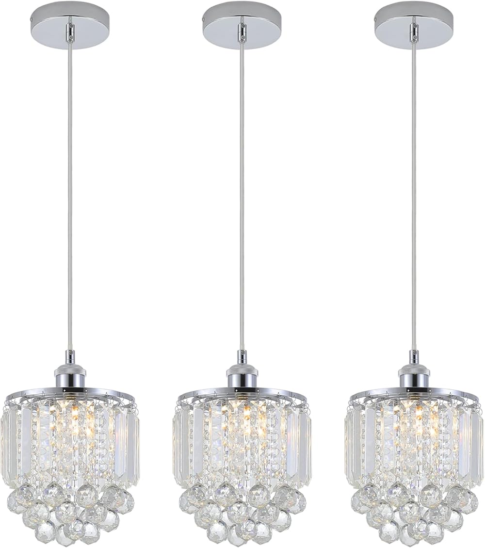 3 Pack Decorative Crystal Pendant Light,Chrome Crystal Chandelier Pendant Lights for Kitchen Island Dining Room Living Room Bar Lighting Fixtures,Cord Adjustable Hanging Pendant Lamp