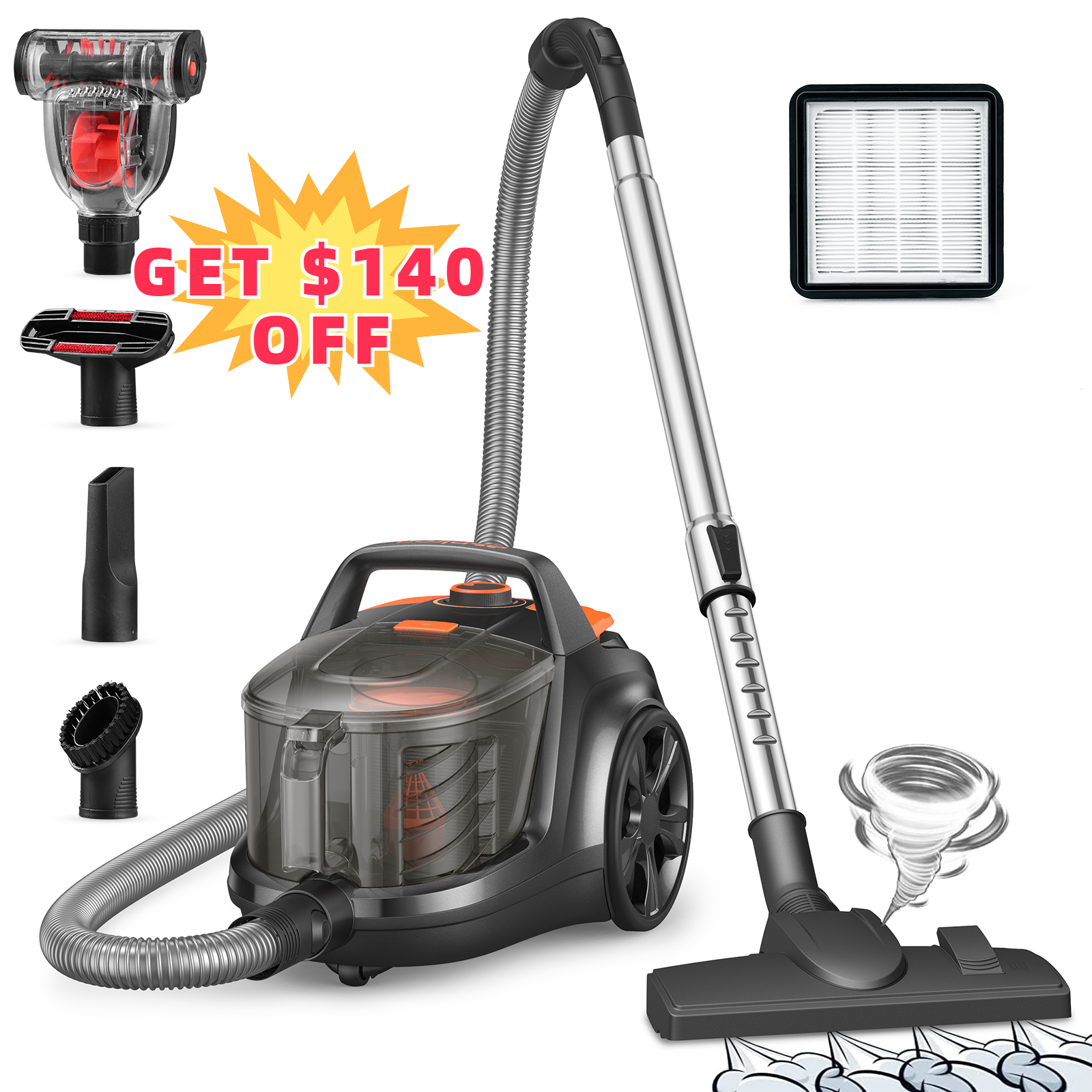 Aspiron Canister Vacuum Cleaner, 1200W 3.6QT Bagless Vacuum, Turbo Brush, Double HEPA Filter, New